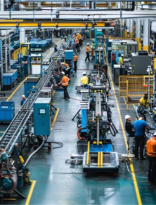 Industry 4.0 smart manufacturing factory floor equipped with IIoT machine monitoring and automation systems.