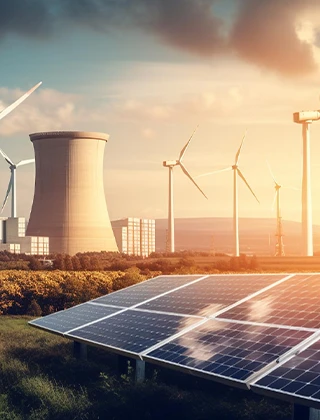 Smart utilities infrastructure featuring wind turbines, solar panels, and power plants monitored via Industrial IoT.