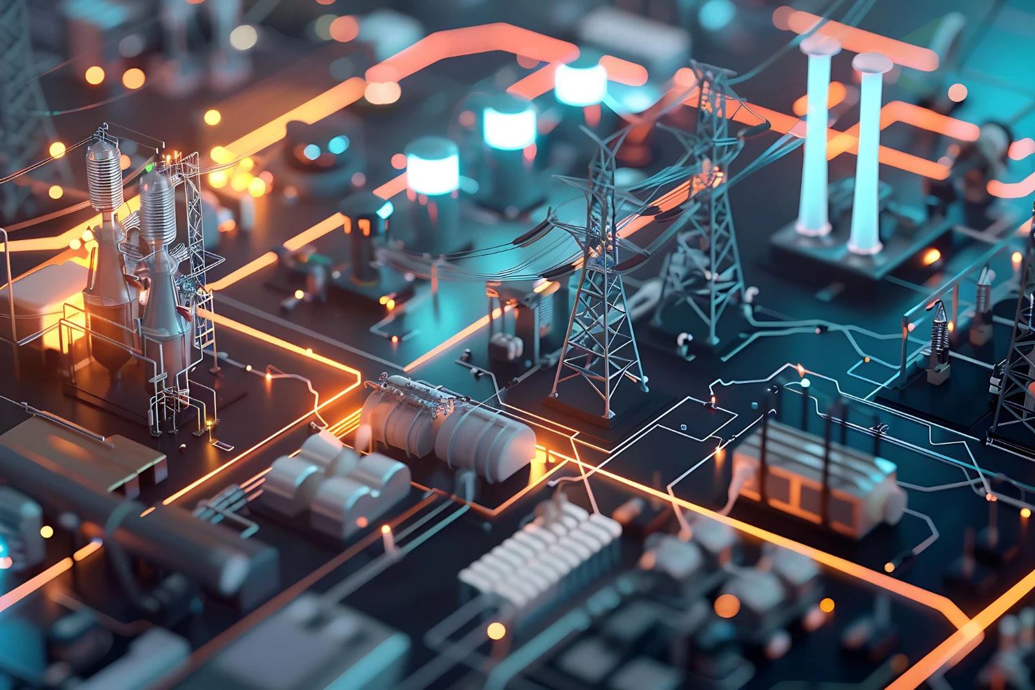 Industrial IoT connected power grid and smart factory energy distribution network.
