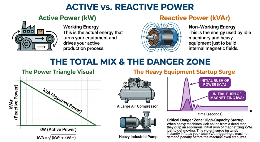 active-vs-reactive-power-formula-industrial-surge-kva Diagram illustrating Active Power (kW) vs. Reactive Power (kVAr) in a manufacturing plant, showcasing the Power Triangle formula for Apparent Power (kVA) and the heavy equipment startup surge of industrial air compressors and pumps.