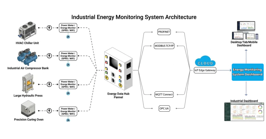 industrial-iot-energy-monitoring-system-architecture-diagram Industrial IoT energy monitoring system architecture diagram showing shop floor assets connected to an Energy Data Hub Panel via GPRS and WiFi, routing data through PROFINET, Modbus TCP/IP, MQTT, and OPC UA protocols to a cloud IoT Edge Gateway and desktop dashboards.