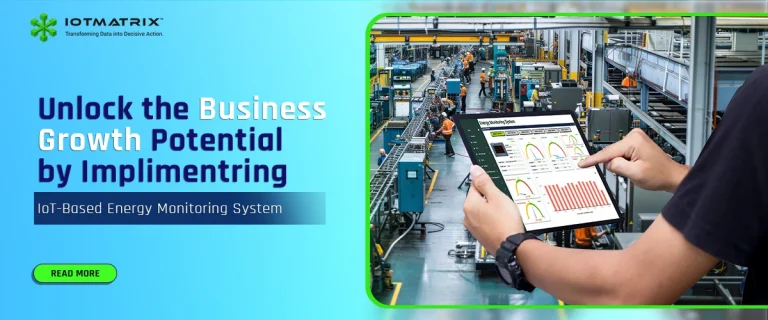 IoT-based energy monitoring system banner by IOTMATRIX showing a factory floor engineer tracking industrial data on a tablet device.