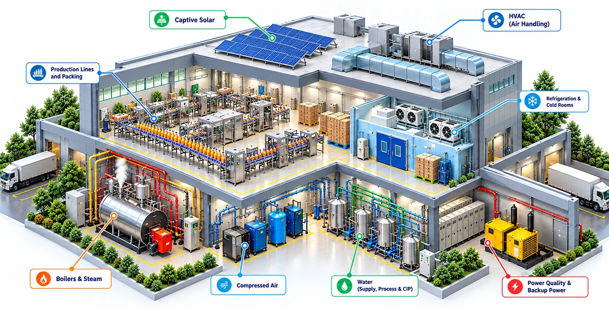Industrial IoT monitoring systems in a food and beverage manufacturing plant.