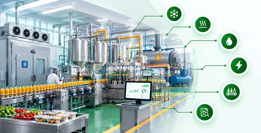 A bright, modern food and beverage processing facility showing a worker with a tablet inspecting a conveyor belt of orange juice bottles alongside stainless steel tanks, color-coded pipes, and a digital monitoring dashboard.